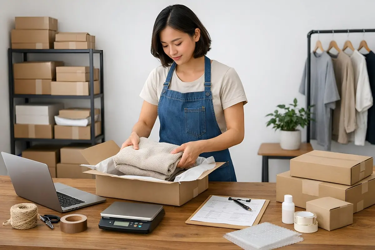 Woman in a denim apron folding a beige sweater into a shipping box in a small stockroom with shelves of parcels and a clothes rail
