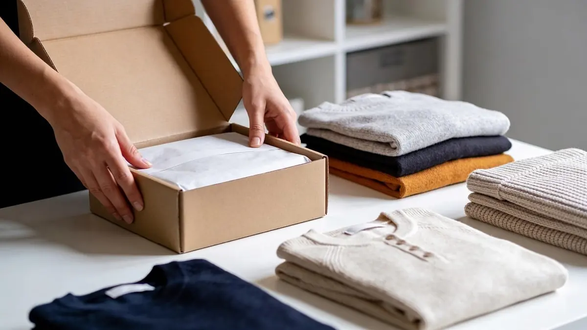 Hands closing a kraft shipping box with a folded white garment inside, next to stacks of folded sweaters and T-shirts