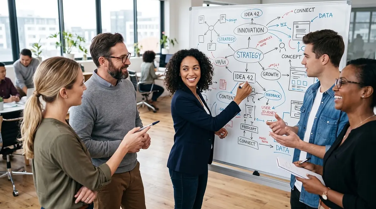 Five colleagues smiling around a whiteboard covered with a hand-drawn strategy mind map in a bright open-plan office
